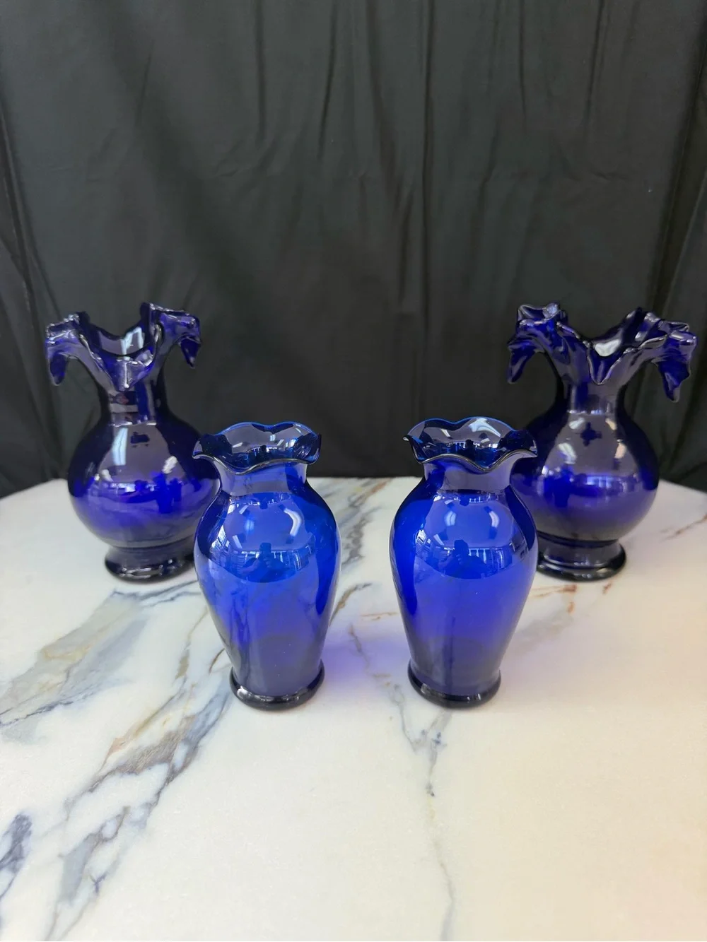 Vintage Cobalt Blue Art Glass Vase Set - 4 Piece Ruffled & Crimped Vase Bundle